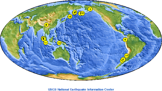 Map Showing World's Largest Earthquakes